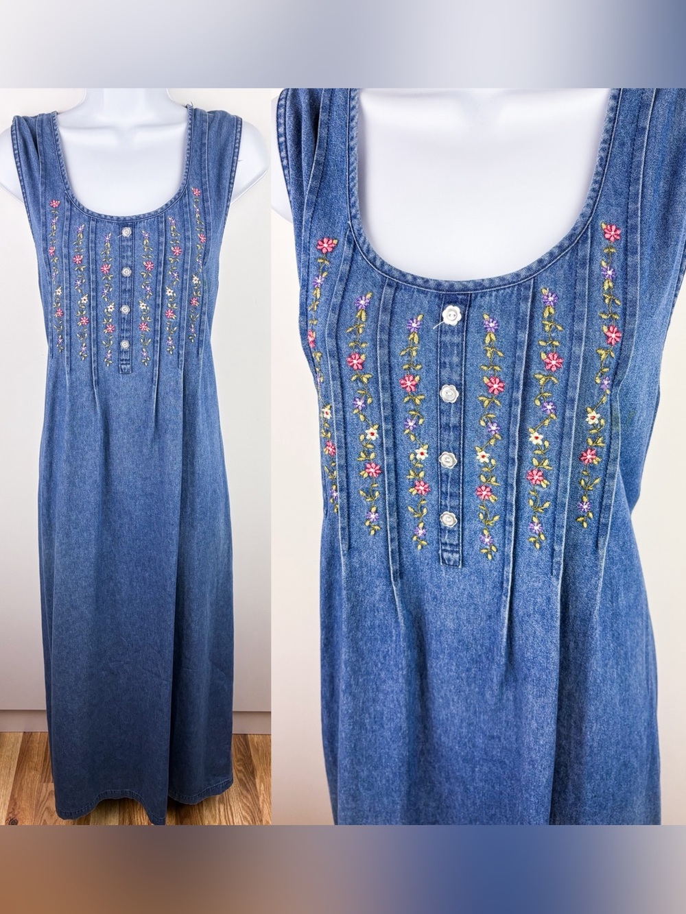 Vintage Denim Floral Embroidered Sleeveless Maxi Dress Cottagecore Cotton XL